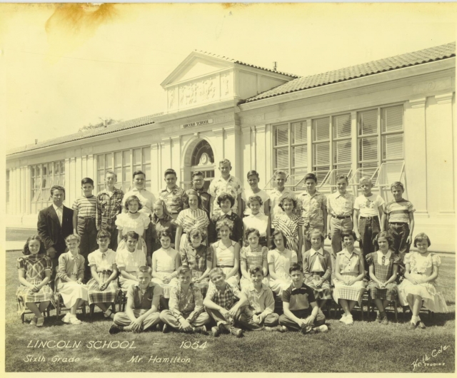 Lincoln School Sixth Grade - Mr. Don Hamilton later taught dancing at Sequoia. In the picture are Sequoians Ernie Strehlow, Terry OConnor, Sam Koe, Paul Jensen, Bill Downing, Tim Lauer, Bob Bedwell, Ray Carnevale, Wayne Mills, Linda Levin, Beverly Shelton
